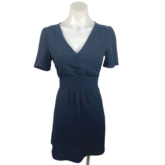 La P'tite Etoile Blue V Neck Button Front Short Sleeve A Line Mini Dress Size 2 - Picture 1 of 5